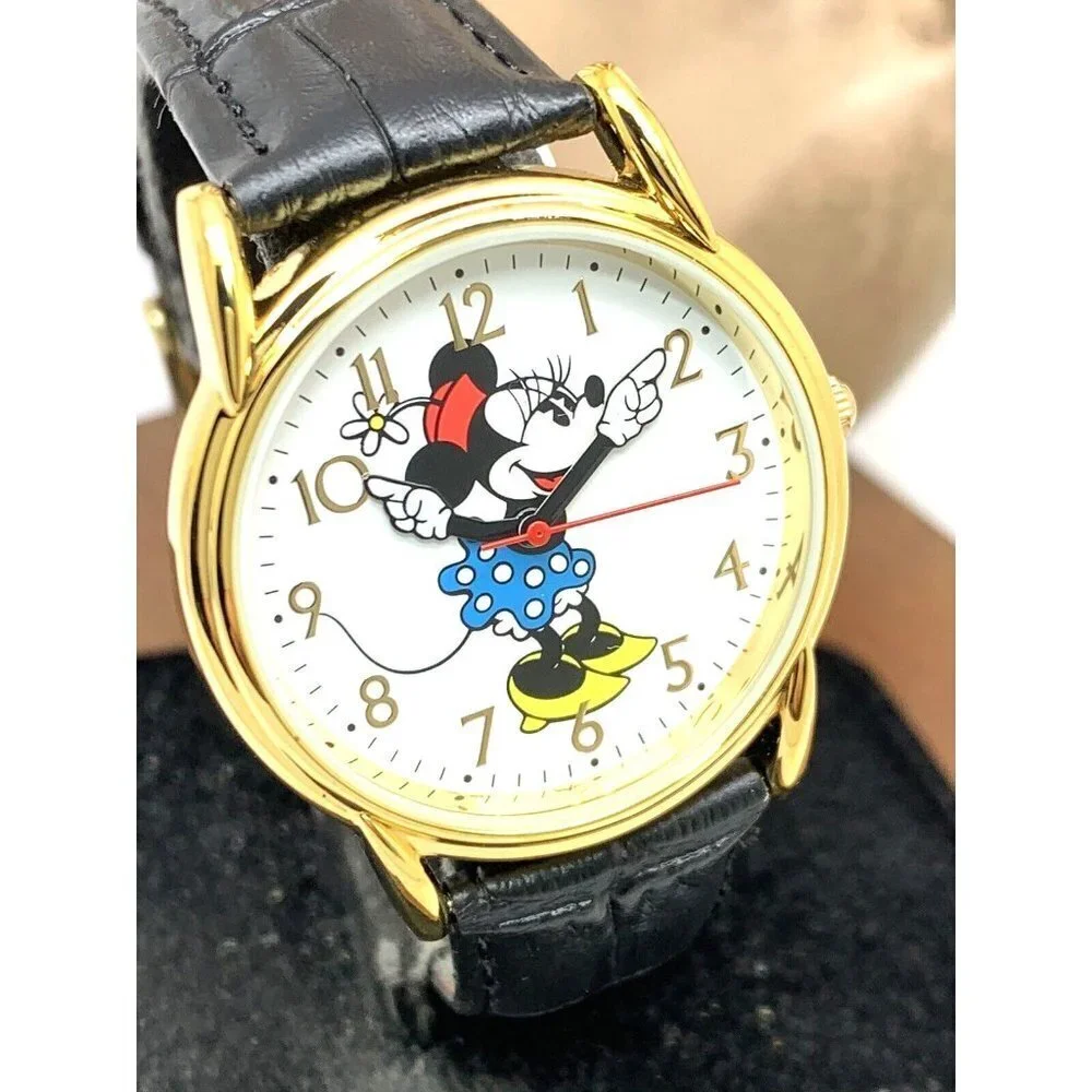 Disney Women's Watch Minnie Mouse WDS000410 Quartz Gold 35mm Black Leather Strap